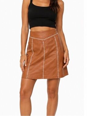 Vintage Y2K Genuine Lambskin Leather Mini Skirt Tan Contrast Stitch NWT Size med